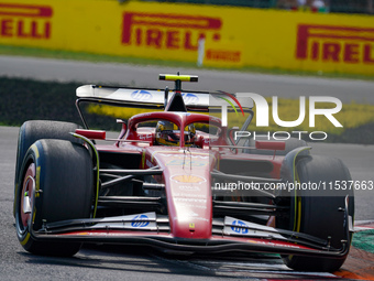 Carlos Sainz of Spain drives the (55) Scuderia Ferrari SF-24 during the Race of the Formula 1 Pirelli Gran Premio d'Italia 2024 in Monza, It...