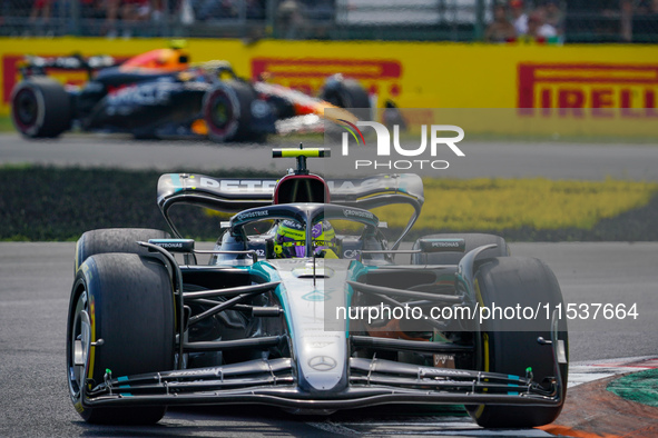 Lewis Hamilton of the United Kingdom drives the (44) Mercedes-AMG PETRONAS F1 Team W15 during the Race of the Formula 1 Pirelli Gran Premio...