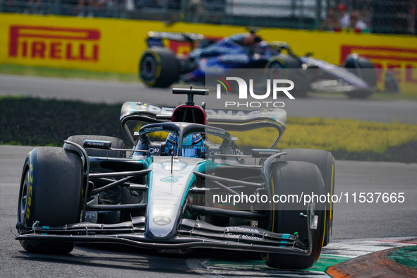 George Russell of the United Kingdom drives the (63) Mercedes-AMG PETRONAS F1 Team W15 during the Race of the Formula 1 Pirelli Gran Premio...