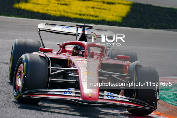 Charles Leclerc of Monaco drives the (16) Scuderia Ferrari SF-24 during the Race of the Formula 1 Pirelli Gran Premio d'Italia 2024 in Monza...