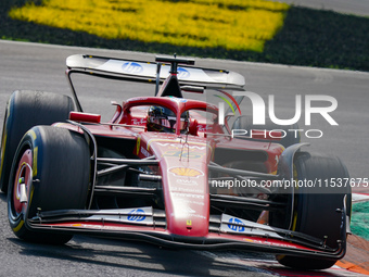 Charles Leclerc of Monaco drives the (16) Scuderia Ferrari SF-24 during the Race of the Formula 1 Pirelli Gran Premio d'Italia 2024 in Monza...