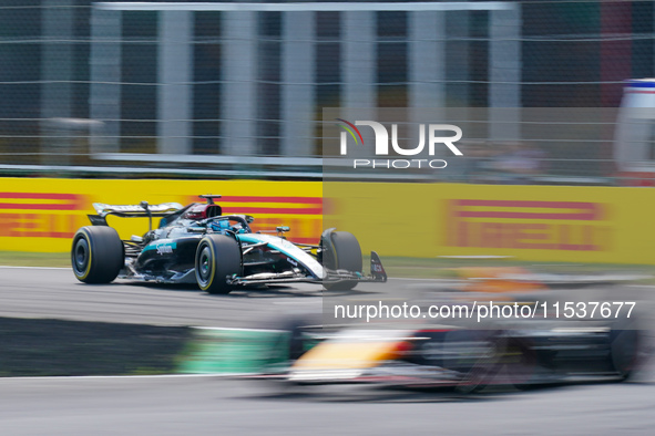 George Russell of the United Kingdom drives the (63) Mercedes-AMG PETRONAS F1 Team W15 during the Race of the Formula 1 Pirelli Gran Premio...