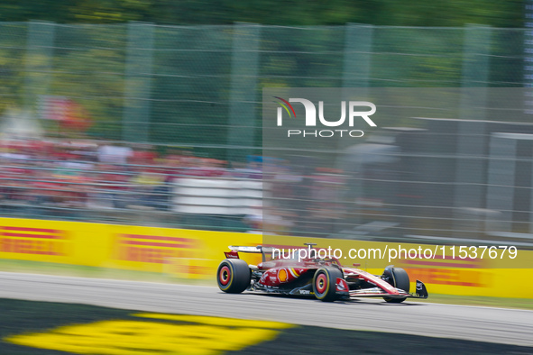 Charles Leclerc of Monaco drives the (16) Scuderia Ferrari SF-24 during the Race of the Formula 1 Pirelli Gran Premio d'Italia 2024 in Monza...