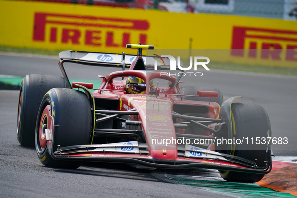 Carlos Sainz of Spain drives the (55) Scuderia Ferrari SF-24 during the Race of the Formula 1 Pirelli Gran Premio d'Italia 2024 in Monza, It...