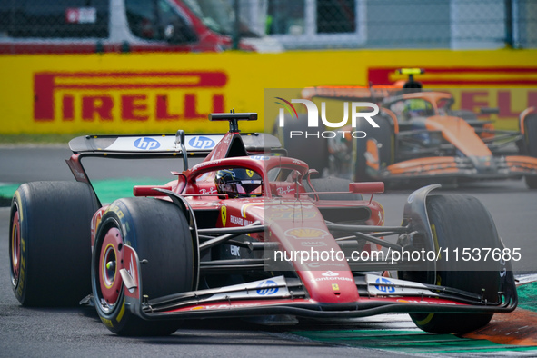 Charles Leclerc of Monaco drives the (16) Scuderia Ferrari SF-24 during the Race of the Formula 1 Pirelli Gran Premio d'Italia 2024 in Monza...