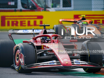 Charles Leclerc of Monaco drives the (16) Scuderia Ferrari SF-24 during the Race of the Formula 1 Pirelli Gran Premio d'Italia 2024 in Monza...