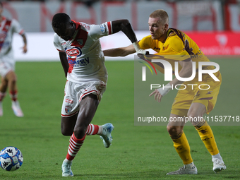 Tijs Velthius of US Salernitana 1919 and Davis Mensah of Mantova 1911 during the Italian Serie B soccer championship football match between...