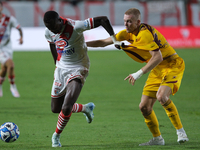 Tijs Velthius of US Salernitana 1919 and Davis Mensah of Mantova 1911 during the Italian Serie B soccer championship football match between...