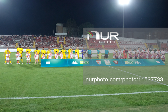 US Salernitana 1919 and Mantova 1911 line up before the kick-off during the Italian Serie B soccer championship match between Mantova Calcio...