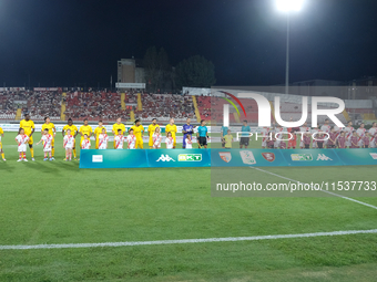 US Salernitana 1919 and Mantova 1911 line up before the kick-off during the Italian Serie B soccer championship match between Mantova Calcio...