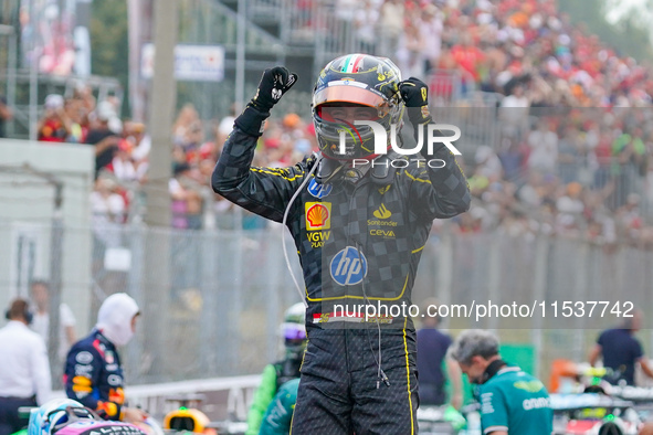 Charles Leclerc celebrates the win of the race during the Race of the Formula 1 Pirelli Gran Premio d'Italia 2024 in Monza, Italy, on Septem...