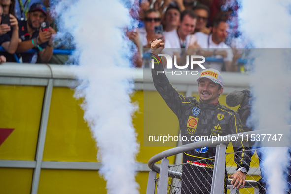 Charles Leclerc celebrates the win of the race during the Race of the Formula 1 Pirelli Gran Premio d'Italia 2024 in Monza, Italy, on Septem...