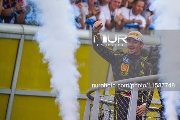 Charles Leclerc celebrates the win of the race during the Race of the Formula 1 Pirelli Gran Premio d'Italia 2024 in Monza, Italy, on Septem...