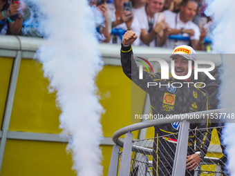 Charles Leclerc celebrates the win of the race during the Race of the Formula 1 Pirelli Gran Premio d'Italia 2024 in Monza, Italy, on Septem...