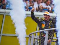 Charles Leclerc celebrates the win of the race during the Race of the Formula 1 Pirelli Gran Premio d'Italia 2024 in Monza, Italy, on Septem...