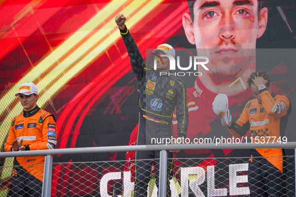 Charles Leclerc celebrates the win of the race during the Race of the Formula 1 Pirelli Gran Premio d'Italia 2024 in Monza, Italy, on Septem...