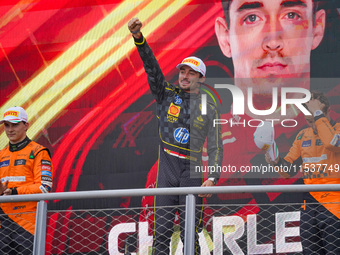 Charles Leclerc celebrates the win of the race during the Race of the Formula 1 Pirelli Gran Premio d'Italia 2024 in Monza, Italy, on Septem...