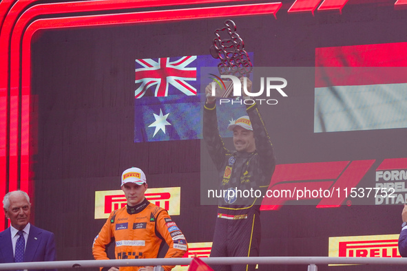 Charles Leclerc celebrates the win of the race during the Race of the Formula 1 Pirelli Gran Premio d'Italia 2024 in Monza, Italy, on Septem...