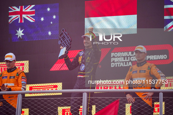 Charles Leclerc celebrates the win of the race during the Race of the Formula 1 Pirelli Gran Premio d'Italia 2024 in Monza, Italy, on Septem...