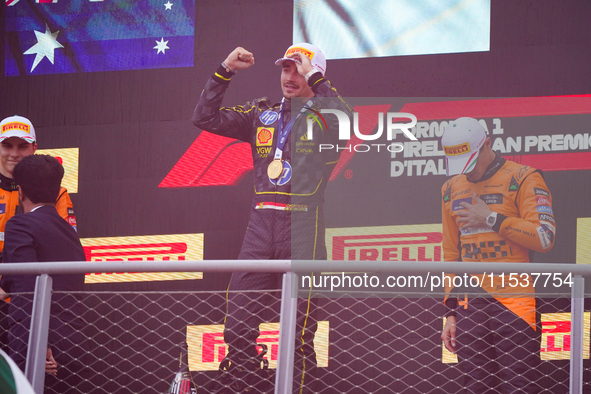 Charles Leclerc celebrates the win of the race during the Race of the Formula 1 Pirelli Gran Premio d'Italia 2024 in Monza, Italy, on Septem...