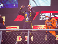 Charles Leclerc celebrates the win of the race during the Race of the Formula 1 Pirelli Gran Premio d'Italia 2024 in Monza, Italy, on Septem...