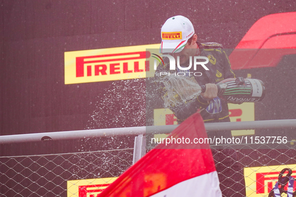 Charles Leclerc celebrates the win of the race during the Race of the Formula 1 Pirelli Gran Premio d'Italia 2024 in Monza, Italy, on Septem...