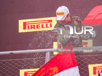 Charles Leclerc celebrates the win of the race during the Race of the Formula 1 Pirelli Gran Premio d'Italia 2024 in Monza, Italy, on Septem...