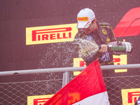 Charles Leclerc celebrates the win of the race during the Race of the Formula 1 Pirelli Gran Premio d'Italia 2024 in Monza, Italy, on Septem...