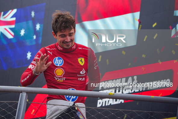 Charles Leclerc celebrates the win of the race during the Race of the Formula 1 Pirelli Gran Premio d'Italia 2024 in Monza, Italy, on Septem...