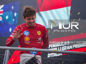 Charles Leclerc celebrates the win of the race during the Race of the Formula 1 Pirelli Gran Premio d'Italia 2024 in Monza, Italy, on Septem...