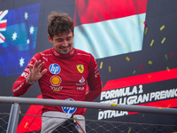 Charles Leclerc celebrates the win of the race during the Race of the Formula 1 Pirelli Gran Premio d'Italia 2024 in Monza, Italy, on Septem...