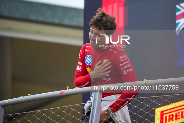 Charles Leclerc celebrates the win of the race during the Race of the Formula 1 Pirelli Gran Premio d'Italia 2024 in Monza, Italy, on Septem...