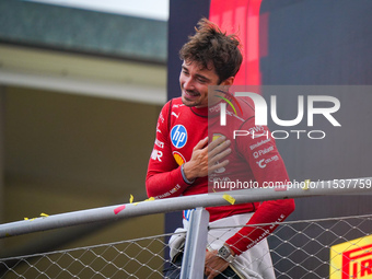 Charles Leclerc celebrates the win of the race during the Race of the Formula 1 Pirelli Gran Premio d'Italia 2024 in Monza, Italy, on Septem...