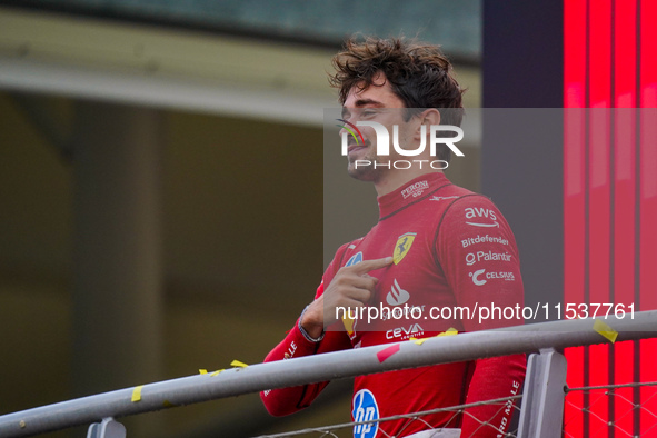 Charles Leclerc celebrates the win of the race during the Race of the Formula 1 Pirelli Gran Premio d'Italia 2024 in Monza, Italy, on Septem...