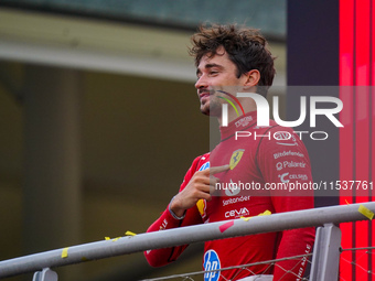 Charles Leclerc celebrates the win of the race during the Race of the Formula 1 Pirelli Gran Premio d'Italia 2024 in Monza, Italy, on Septem...