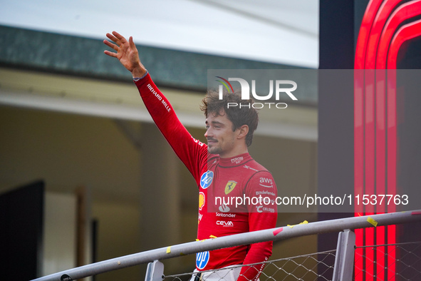 Charles Leclerc celebrates the win of the race during the Race of the Formula 1 Pirelli Gran Premio d'Italia 2024 in Monza, Italy, on Septem...