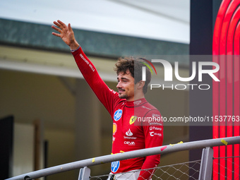 Charles Leclerc celebrates the win of the race during the Race of the Formula 1 Pirelli Gran Premio d'Italia 2024 in Monza, Italy, on Septem...