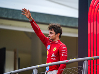 Charles Leclerc celebrates the win of the race during the Race of the Formula 1 Pirelli Gran Premio d'Italia 2024 in Monza, Italy, on Septem...