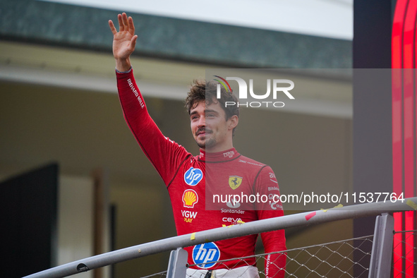 Charles Leclerc celebrates the win of the race during the Race of the Formula 1 Pirelli Gran Premio d'Italia 2024 in Monza, Italy, on Septem...