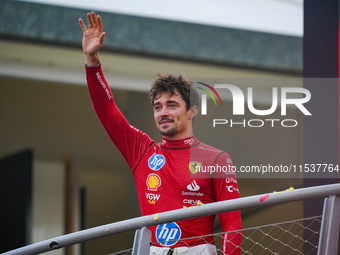 Charles Leclerc celebrates the win of the race during the Race of the Formula 1 Pirelli Gran Premio d'Italia 2024 in Monza, Italy, on Septem...