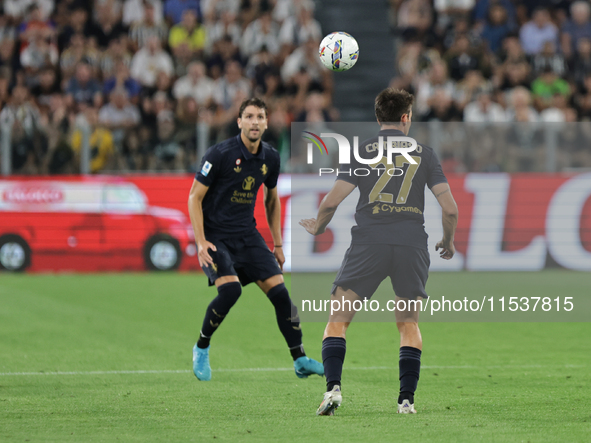 Andrea Cambiaso during the Serie A 2024-2025 match between Juventus and Roma in Turin, Italy, on September 1, 2024 