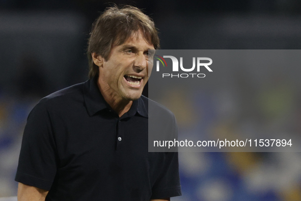 Antonio Conte, coach of Napoli, reacts during the Serie A soccer match between SSC Napoli and Parma Calcio at Stadio Maradona in Naples, Ita...