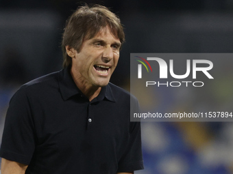 Antonio Conte, coach of Napoli, reacts during the Serie A soccer match between SSC Napoli and Parma Calcio at Stadio Maradona in Naples, Ita...