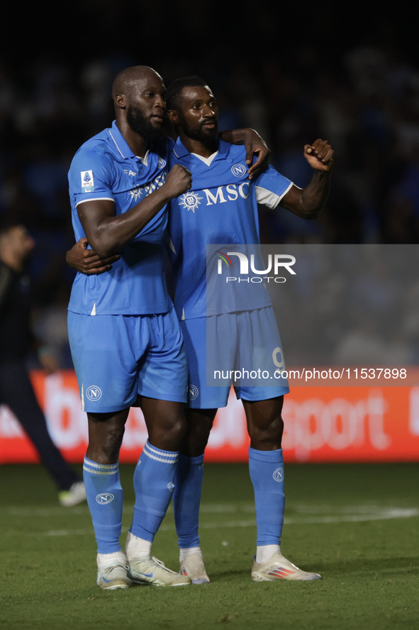 Romelu Lukaku of Napoli and Frank Zambo Anguissa of Napoli at the end of the Serie A soccer match SSC Napoli - Parma Calcio at Stadio Marado...