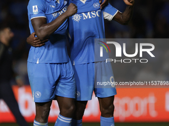 Romelu Lukaku of Napoli and Frank Zambo Anguissa of Napoli at the end of the Serie A soccer match SSC Napoli - Parma Calcio at Stadio Marado...