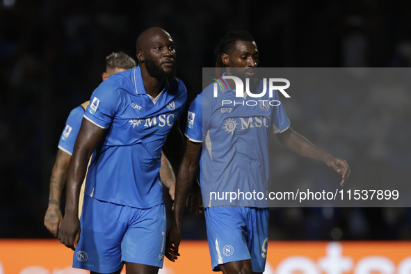 Romelu Lukaku of Napoli and Frank Zambo Anguissa of Napoli at the end of the Serie A soccer match SSC Napoli - Parma Calcio at Stadio Marado...