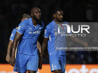 Romelu Lukaku of Napoli and Frank Zambo Anguissa of Napoli at the end of the Serie A soccer match SSC Napoli - Parma Calcio at Stadio Marado...