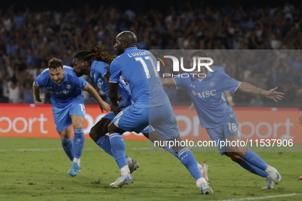 Frank Zambo Anguissa of Napoli celebrates after scoring their second goal during the Serie A soccer match between SSC Napoli and Parma Calci...