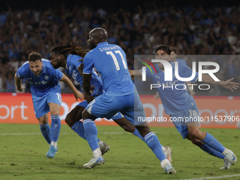 Frank Zambo Anguissa of Napoli celebrates after scoring their second goal during the Serie A soccer match between SSC Napoli and Parma Calci...