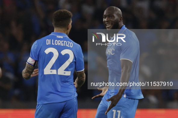 Romelu Lukaku of Napoli celebrates after scoring their first goal during the Serie A soccer match SSC Napoli - Parma Calcio at Stadio Marado...